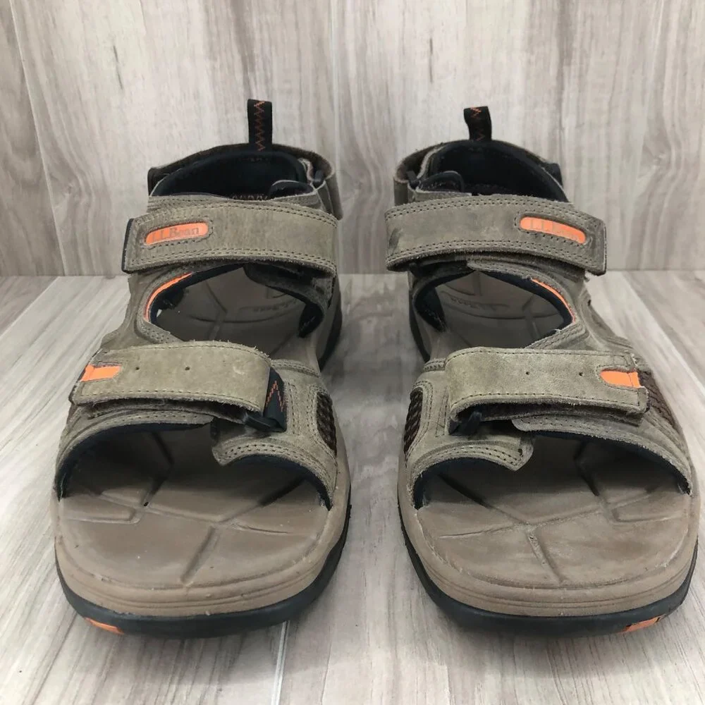 LL Bean Sandals Mens 9.5 Taupe Leather Hook and Loop Shoes
